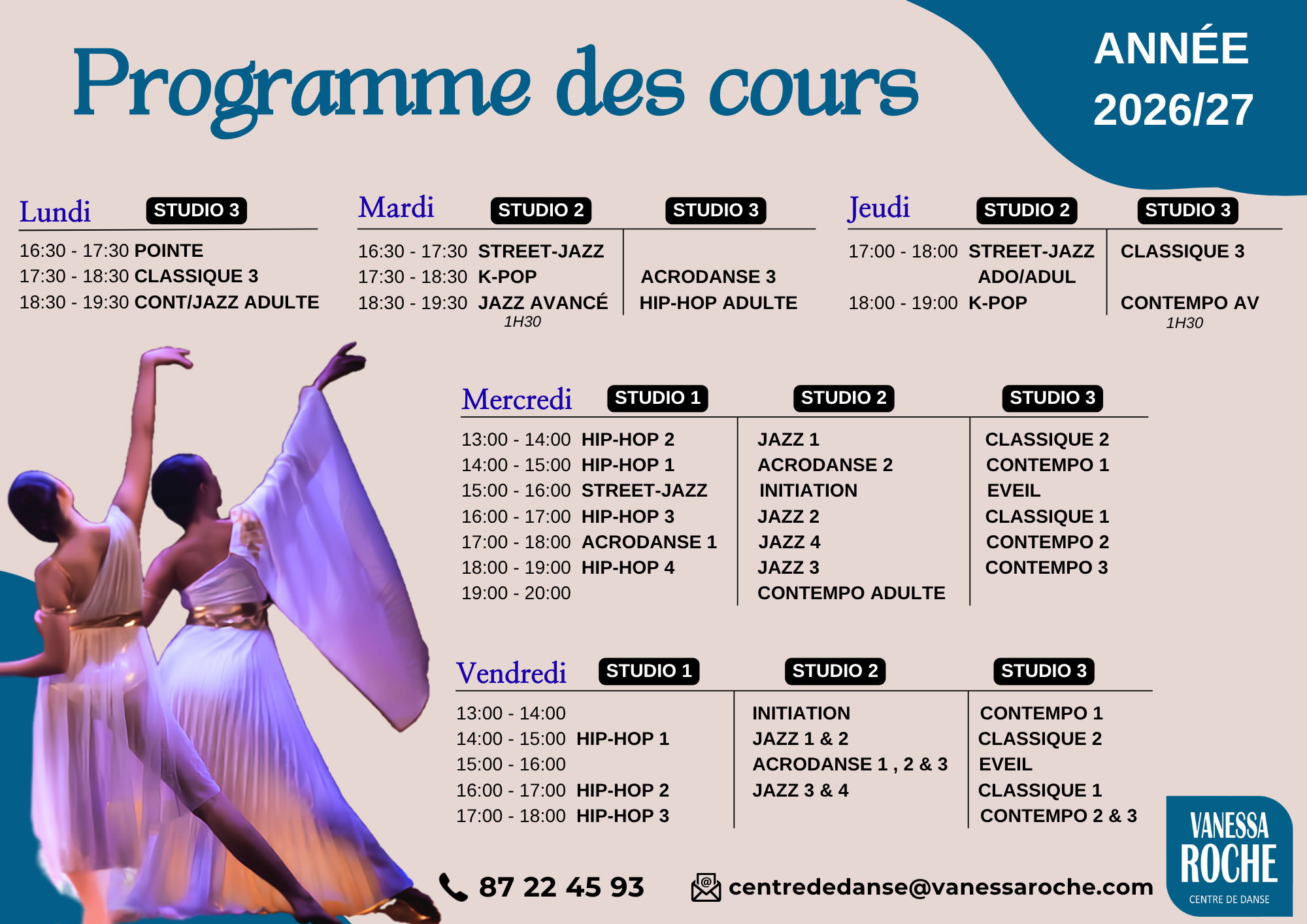 Planning complet des cours 2026-2027 du Centre de Danse Vanessa Roche